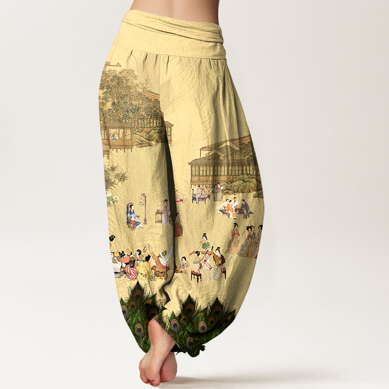 Buddha Stones, reine Baumwolle, sanft gefärbte Menschen, Gebäude, Pfauenfedern, Bäume, Blumen, Felsen – Haremshose mit elastischem Bund für Damen. - image 1