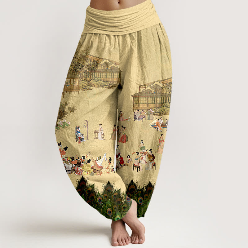 Buddha Stones, reine Baumwolle, sanft gefärbte Menschen, Gebäude, Pfauenfedern, Bäume, Blumen, Felsen – Haremshose mit elastischem Bund für Damen. - Khaki - US16, UK/AU20, EU48 (3XL) - image 0