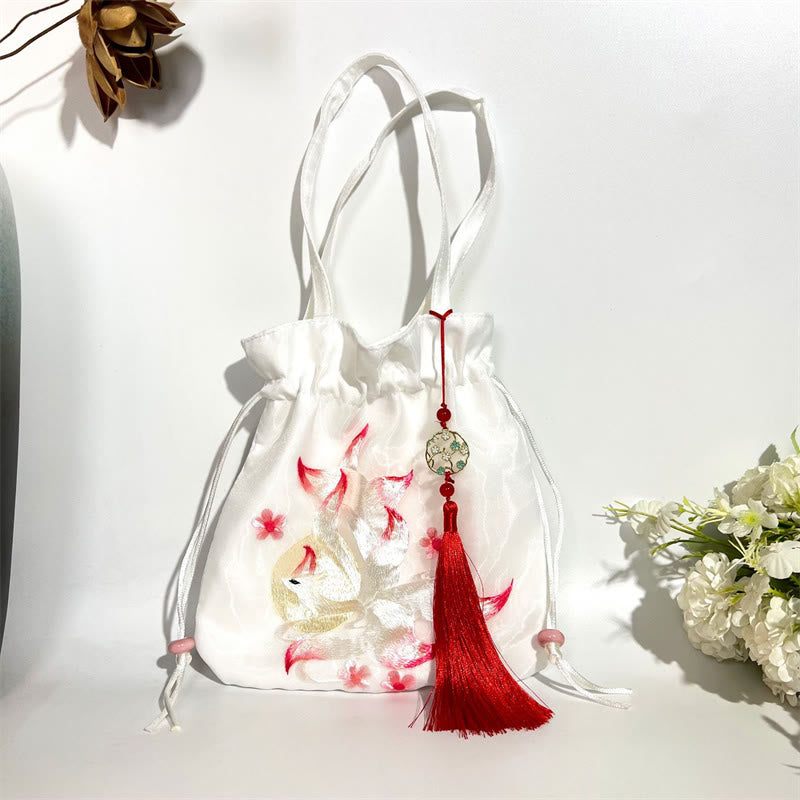 Buddha Stones Suzhou Stickerei Lotus Hirsch Epiphyllum Pfingstrose Kaninchen Baumwoll-Leinen Tote Crossbody Tasche Schultertasche Handtasche - Weißer neunschwänziger Fuchs 21*22cm - image 22
