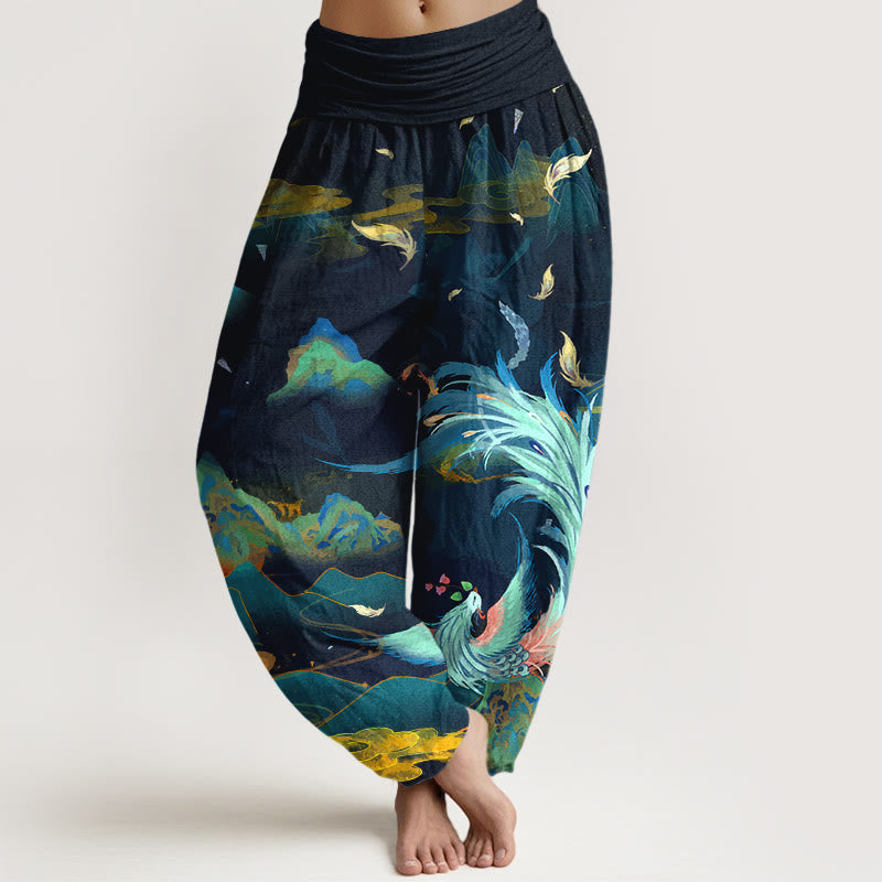 Buddha Stones Haremshose aus reiner Baumwolle mit wunderschönem Phönix-Berg-Wolkenmuster und elastischem Bund für Damen. - Mitternachtsblau - US16, UK/AU20, EU48 (3XL) - image 0