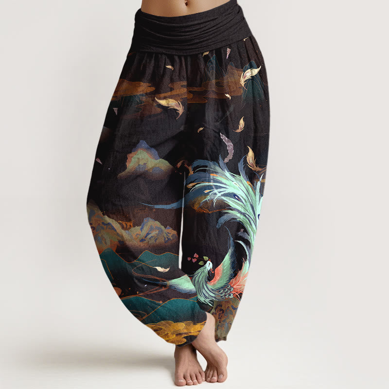 Buddha Stones Haremshose aus reiner Baumwolle mit wunderschönem Phönix-Berg-Wolkenmuster und elastischem Bund für Damen. - Schwarz - US16, UK/AU20, EU48 (3XL) - image 5