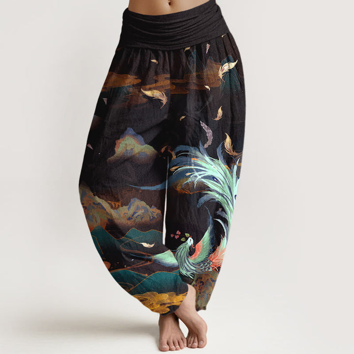 Buddha Stones Haremshose aus reiner Baumwolle mit wunderschönem Phönix-Berg-Wolkenmuster und elastischem Bund für Damen. - Schwarz - US16, UK/AU20, EU48 (3XL) - image 5