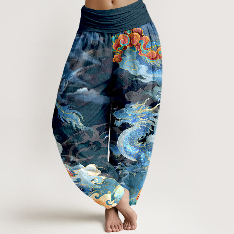 Buddha Stones Haremshose aus reiner Baumwolle mit wunderschönem Drachen-, Wolken- und Regenbogenmuster, elastischem Bund für Damen. - SteelBlue - US16, UK/AU20, EU48 (3XL) - image 0