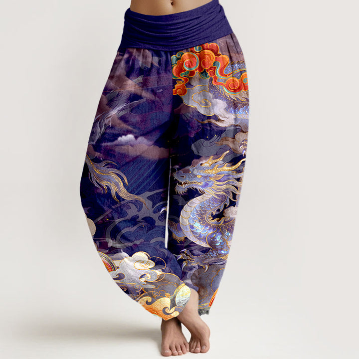 Buddha Stones Haremshose aus reiner Baumwolle mit wunderschönem Drachen-, Wolken- und Regenbogenmuster, elastischem Bund für Damen. - Indigo - US16, UK/AU20, EU48 (3XL) - image 5