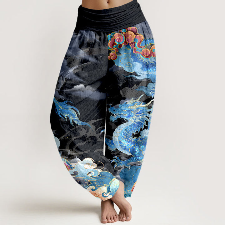 Buddha Stones Haremshose aus reiner Baumwolle mit wunderschönem Drachen-, Wolken- und Regenbogenmuster, elastischem Bund für Damen. - Schwarz - US16, UK/AU20, EU48 (3XL) - image 8