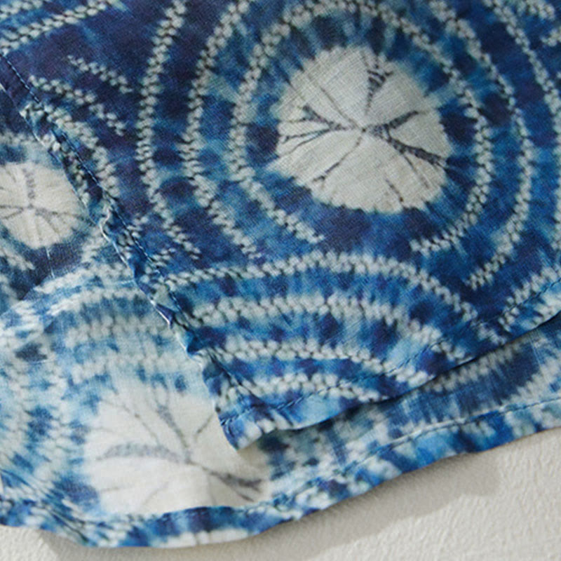 Buddha Stones Sommerkleid in Blau mit floralen Streifen, Stehkragen, kurzen Ärmeln und Taschen - image 5
