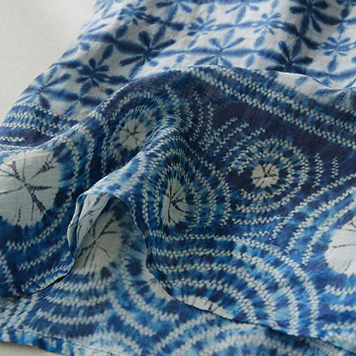 Buddha Stones Sommerkleid mit blauen Blumenstreifen, Stehkragen, kurzen Ärmeln und geradem Schnitt sowie Taschen - image 6