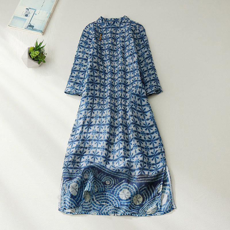 Buddha Stones Sommerkleid mit blauen Blumenstreifen, Stehkragen, kurzen Ärmeln und geradem Schnitt sowie Taschen - Kornblumenblau - US12, UK/AU16, EU44 (3XL) - image 0
