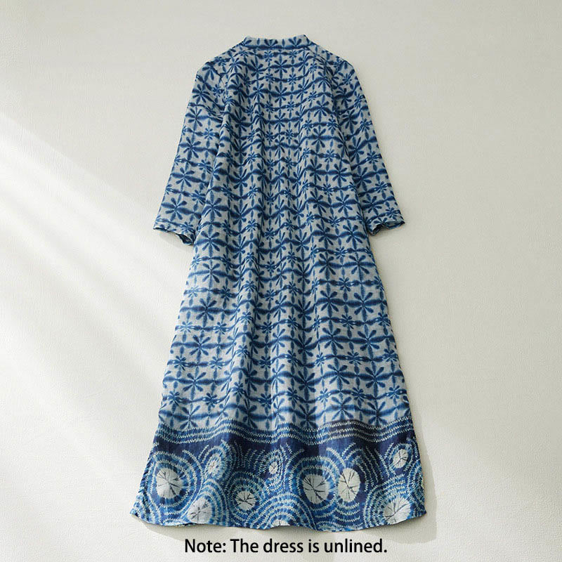 Buddha Stones Sommerkleid mit blauen Blumenstreifen, Stehkragen, kurzen Ärmeln und geradem Schnitt sowie Taschen - image 1