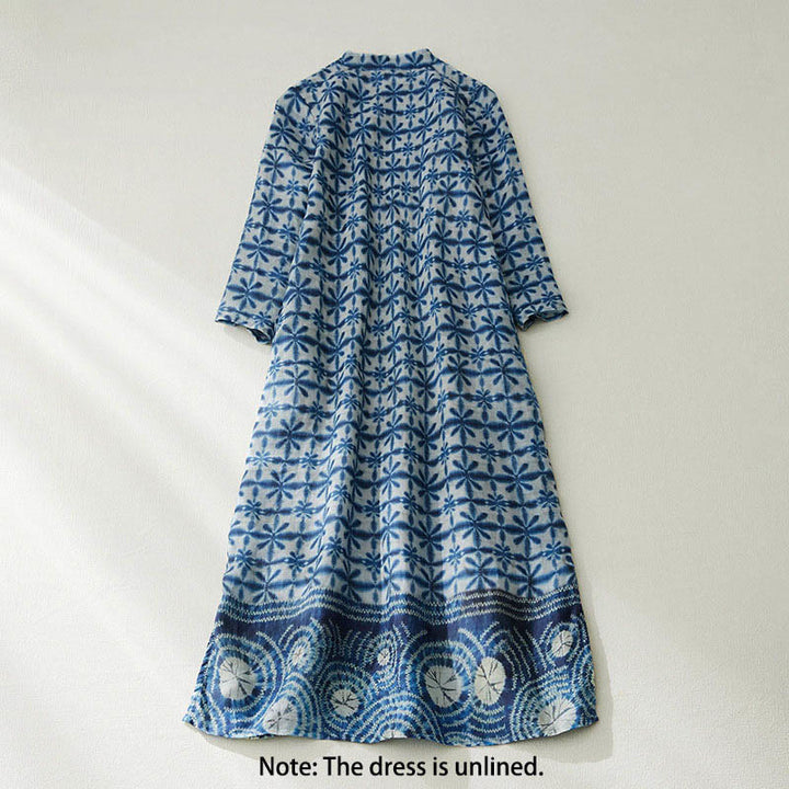 Buddha Stones Sommerkleid mit blauen Blumenstreifen, Stehkragen, kurzen Ärmeln und geradem Schnitt sowie Taschen - image 1