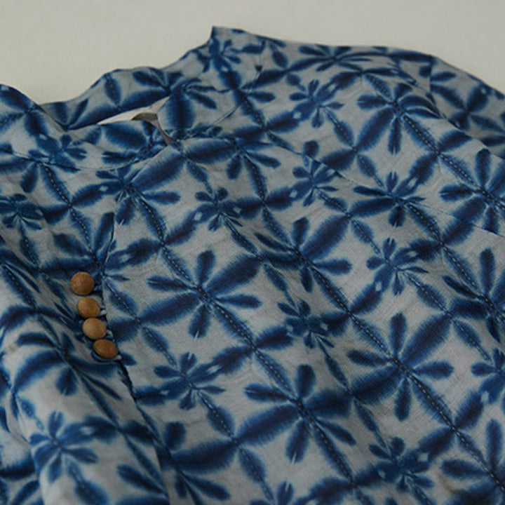 Buddha Stones Sommerkleid in Blau mit floralen Streifen, Stehkragen, kurzen Ärmeln und Taschen - image 2