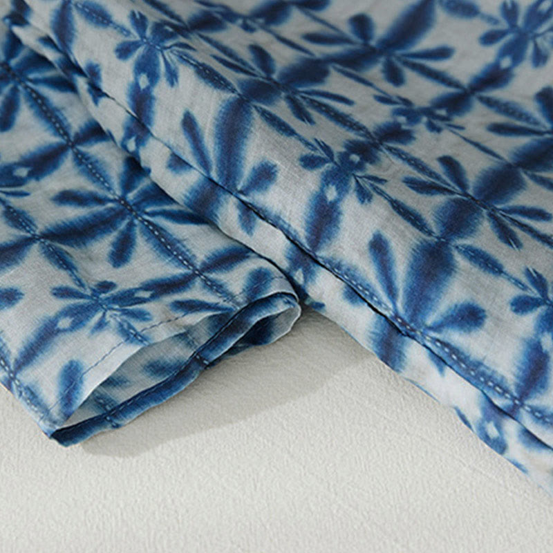 Buddha Stones Sommerkleid in Blau mit floralen Streifen, Stehkragen, kurzen Ärmeln und Taschen - image 4