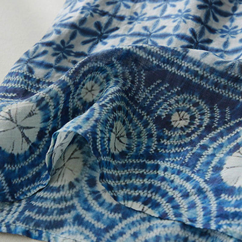 Buddha Stones Sommerkleid in Blau mit floralen Streifen, Stehkragen, kurzen Ärmeln und Taschen - image 6