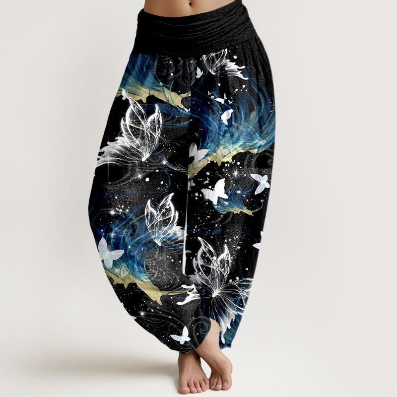 Buddha Stones Haremshose aus reiner Baumwolle mit traumhaftem Schmetterlingsmuster und elastischem Bund für Damen - Schwarz - US16, UK/AU20, EU48 (3XL) - image 0