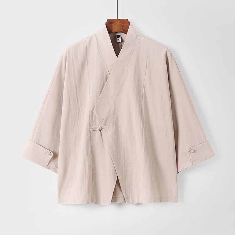 Buddha Stones Plain One Chinese Frog-Button Jacket Cotton Linen Herren-Kimono mit halben Ärmeln - Beige - US/UK/AU54, EU64 (9XL) - image 11
