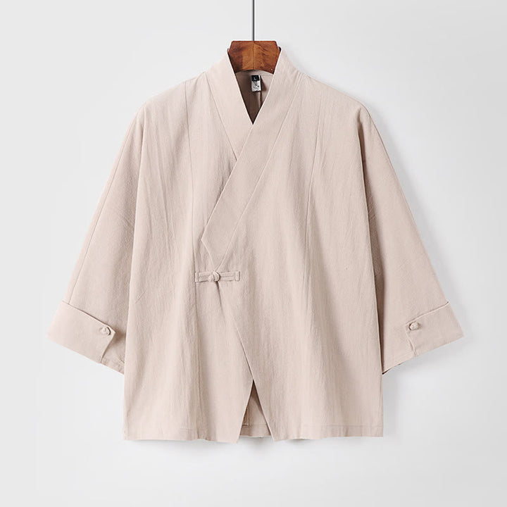 Buddha Stones Plain One Chinese Frog-Button Jacket Cotton Linen Herren-Kimono mit halben Ärmeln - Beige - US/UK/AU54, EU64 (9XL) - image 11