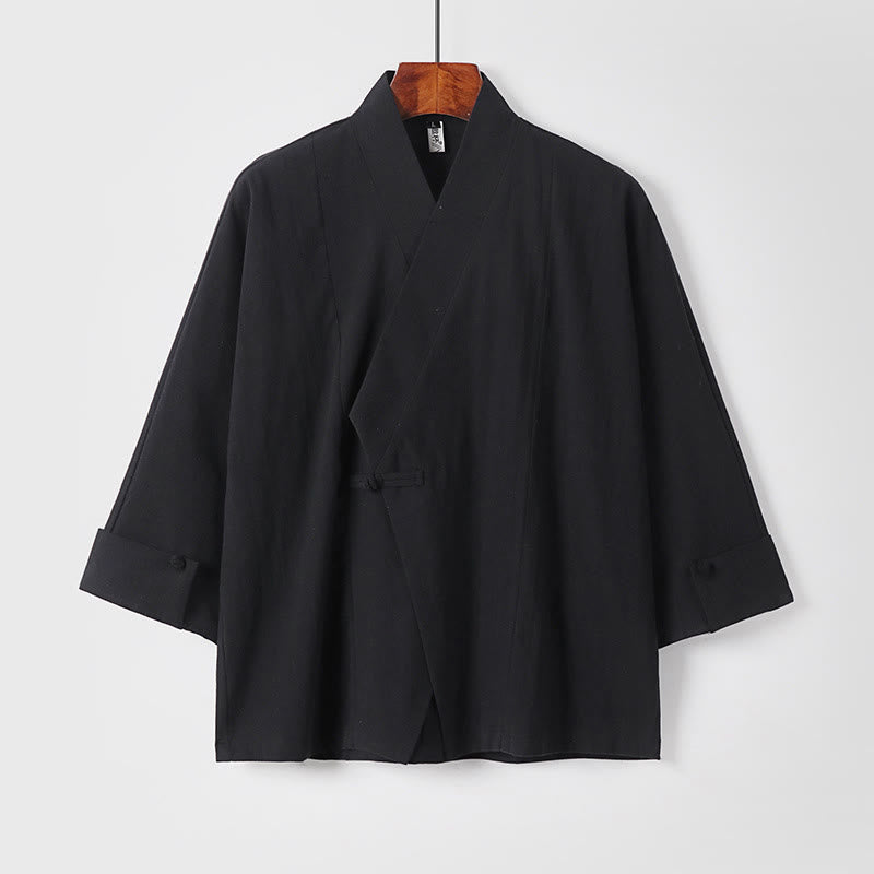 Buddha Stones Plain One Chinese Frog-Button Jacket Cotton Linen Herren-Kimono mit halben Ärmeln - Schwarz - US/ UK/AU54, EU64 (9XL) - image 10