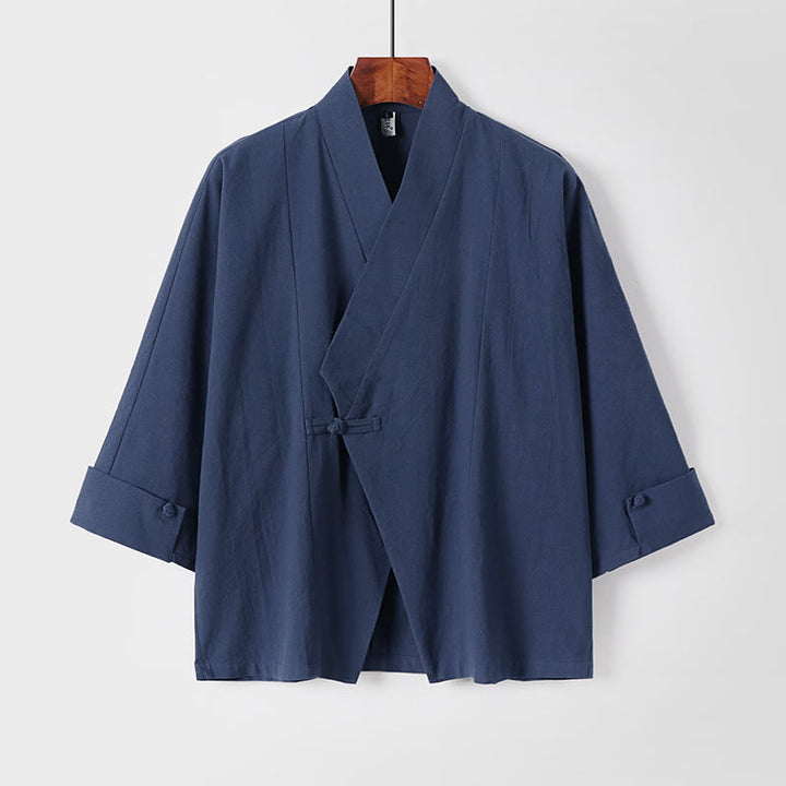 Buddha Stones Plain One Chinese Frog-Button Jacket Cotton Linen Herren-Kimono mit halben Ärmeln - SteelBlue - US/ UK/AU54, EU64 (9XL) - image 0