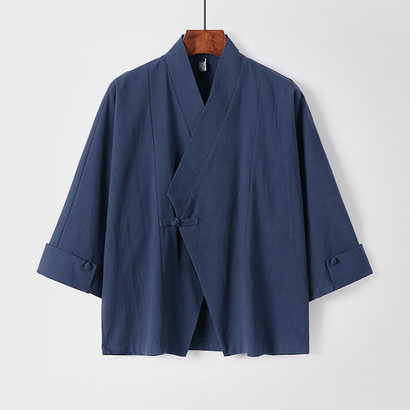 Buddha Stones Plain One Chinese Frog-Button Jacket Cotton Linen Herren-Kimono mit halben Ärmeln - SteelBlue - US/UK/AU54, EU64 (9XL) - image 0
