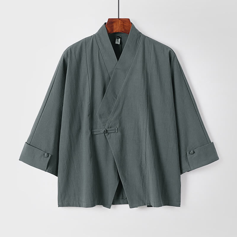 Buddha Stones Plain One Chinese Frog-Button Jacket Cotton Linen Herren-Kimono mit halben Ärmeln - Kadettenblau - US/ UK/AU54, EU64 (9XL) - image 1