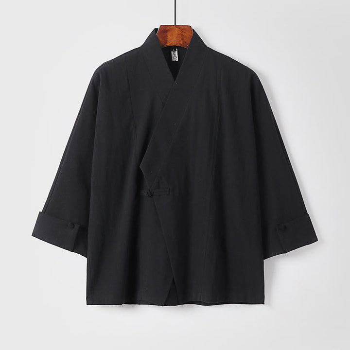 Buddha Stones Plain One Chinese Frog-Button Jacket Cotton Linen Herren-Kimono mit halben Ärmeln - Schwarz - US/UK/AU54, EU64 (9XL) - image 10