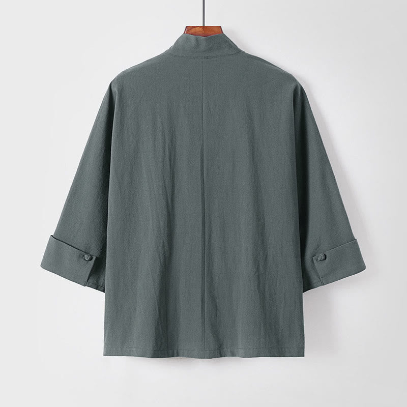 Buddha Stones Plain One Chinese Frog-Button Jacket Cotton Linen Herren-Kimono mit halben Ärmeln - image 2