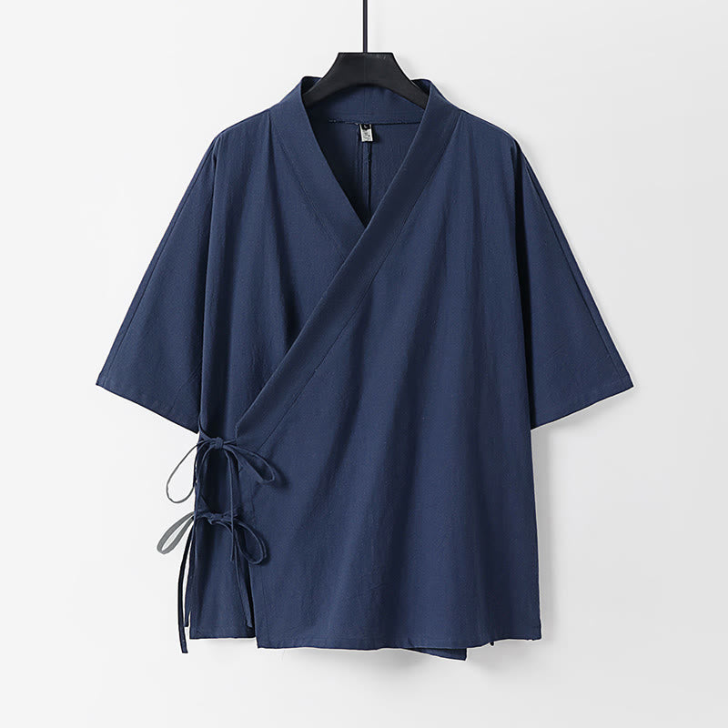 Buddha Stones Schlichter Kimono aus Baumwoll-Leinen-Mischgewebe mit Schnürung und Dreiviertelärmeln für Herren - SteelBlue - US/UK/AU54, EU64 (9XL) - image 10