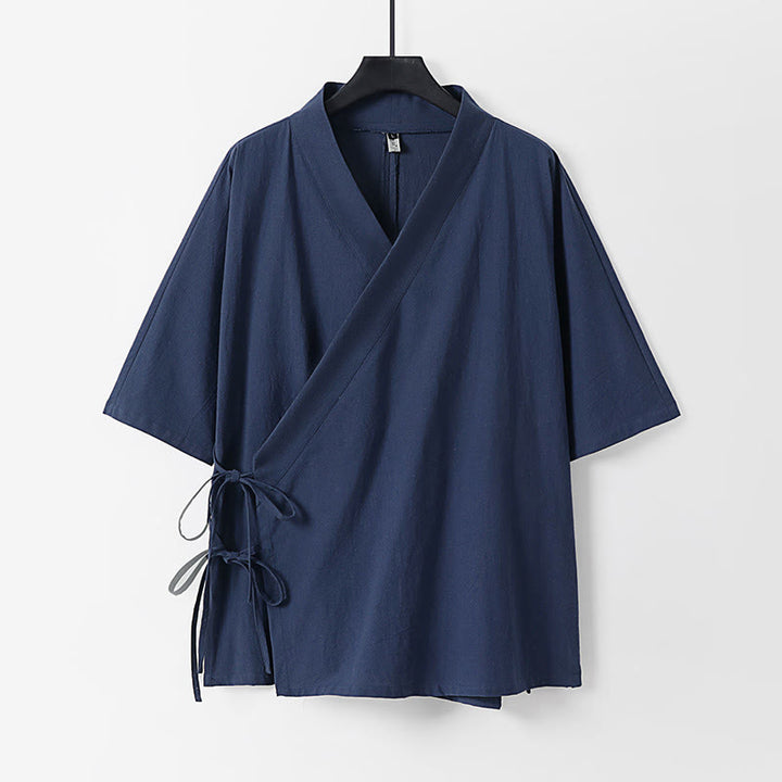 Buddha Stones Schlichter Kimono aus Baumwoll-Leinen-Mischgewebe mit Schnürung und Dreiviertelärmeln für Herren - SteelBlue - US/UK/AU54, EU64 (9XL) - image 10