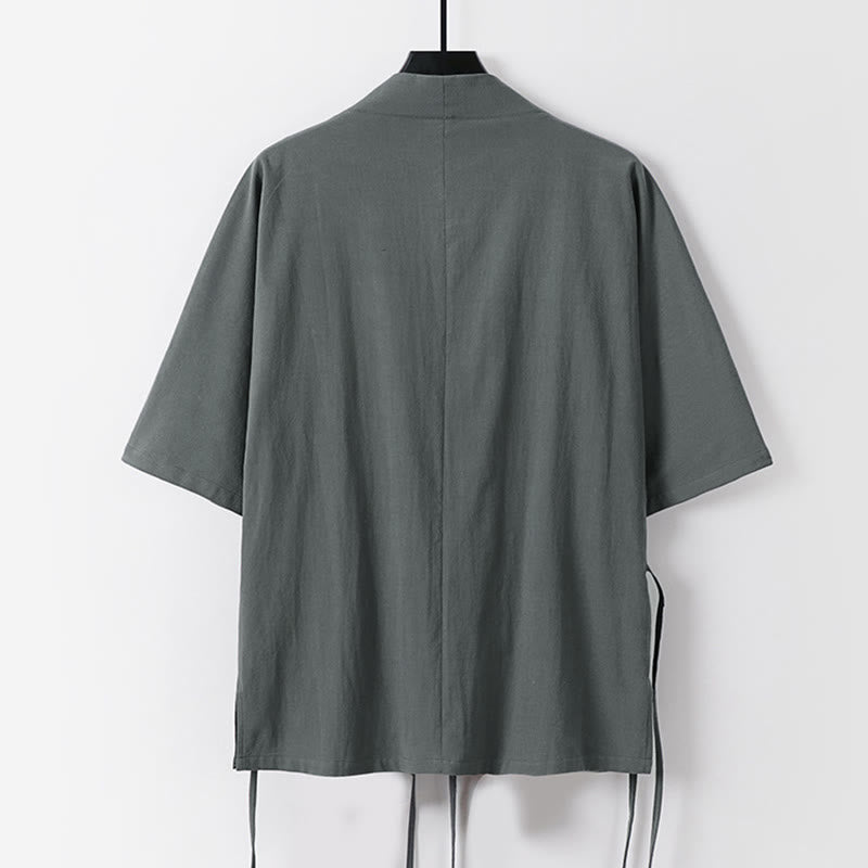 Buddha Stones Schlichter Kimono aus Baumwoll-Leinen-Mischgewebe mit Schnürung und Dreiviertelärmeln für Herren - image 1