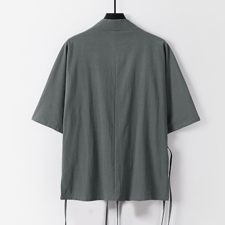 Buddha Stones Schlichter Kimono aus Baumwoll-Leinen-Mischgewebe mit Schnürung und Dreiviertelärmeln für Herren - image 1