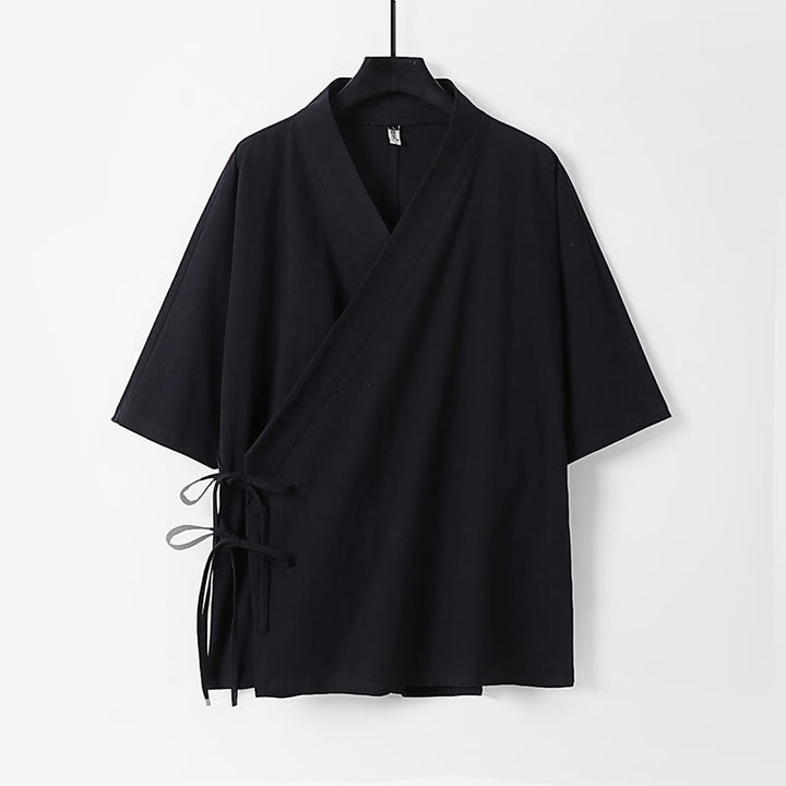 Buddha Stones Schlichter Kimono aus Baumwoll-Leinen-Mischgewebe mit Schnürung und Dreiviertelärmeln für Herren - Schwarz - US/UK/AU54, EU64 (9XL) - image 9