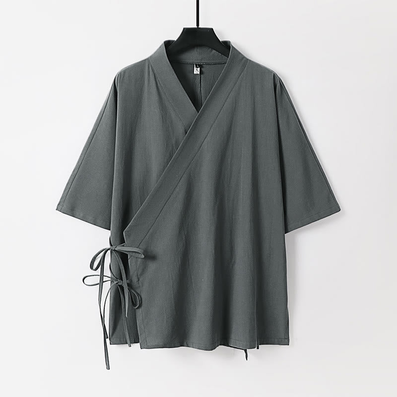 Buddha Stones Schlichter Kimono aus Baumwoll-Leinen-Mischgewebe mit Schnürung und Dreiviertelärmeln für Herren - Grau - US/UK/AU54, EU64 (9XL) - image 0
