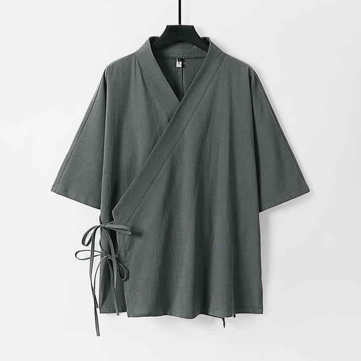 Buddha Stones Schlichter Kimono aus Baumwoll-Leinen-Mischgewebe mit Schnürung und Dreiviertelärmeln für Herren - Grau - US/UK/AU54, EU64 (9XL) - image 0