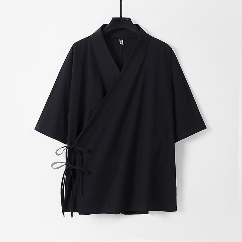 Buddha Stones Schlichter Kimono aus Baumwoll-Leinen-Mischgewebe mit Schnürung und Dreiviertelärmeln für Herren - Schwarz - US/UK/AU54, EU64 (9XL) - image 9