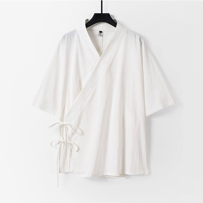 Buddha Stones Schlichter Kimono aus Baumwoll-Leinen-Mischgewebe mit Schnürung und Dreiviertelärmeln für Herren - Weiß - US/UK/AU54, EU64 (9XL) - image 11