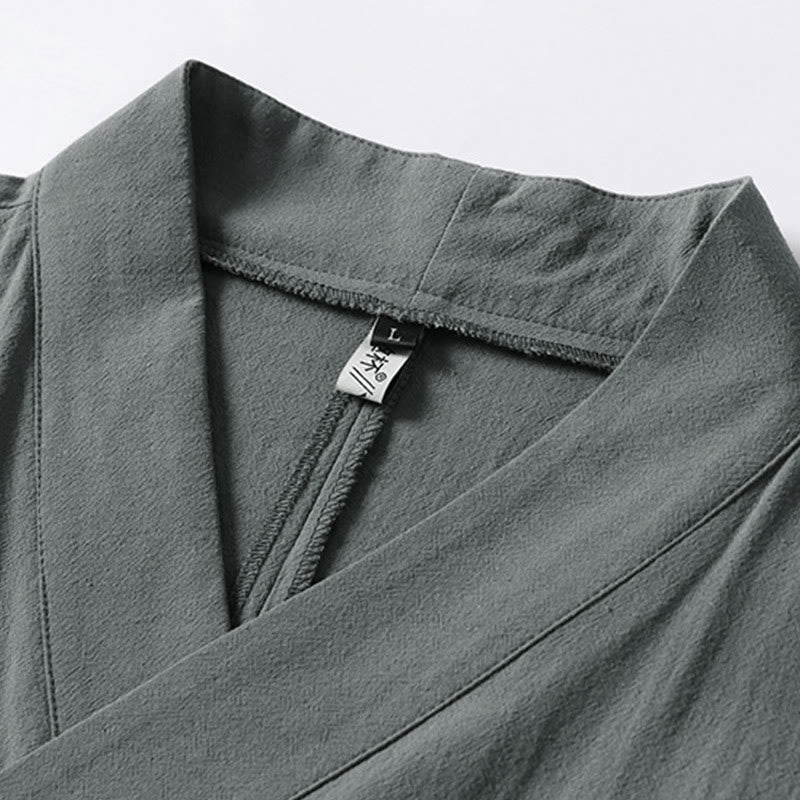 Buddha Stones Schlichter Kimono aus Baumwoll-Leinen-Mischgewebe mit Schnürung und Dreiviertelärmeln für Herren - image 2