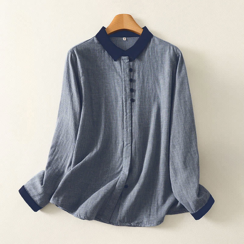 Buddha Stones Herbstblau gestreiftes Color-Blocking-Damen-Langarmshirt mit Stehkragen und Knopfleiste - Hellstahlblau - US 8-10, UK/AU 12-14, EU 40-42 (2XL) - image 0