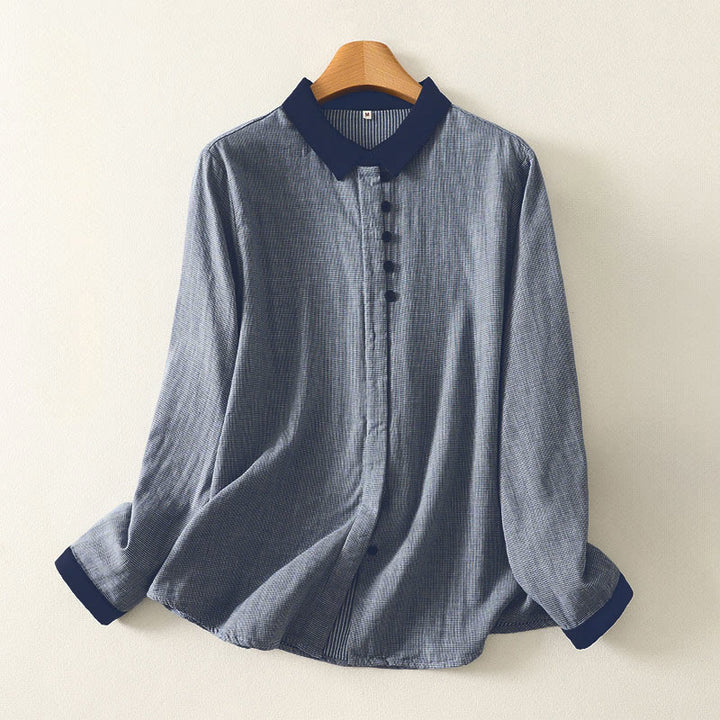 Buddha Stones Herbstblau gestreiftes Color-Blocking-Damen-Langarmshirt mit Stehkragen und Knopfleiste - Hellstahlblau - US 8-10, UK/AU 12-14, EU 40-42 (2XL) - image 0