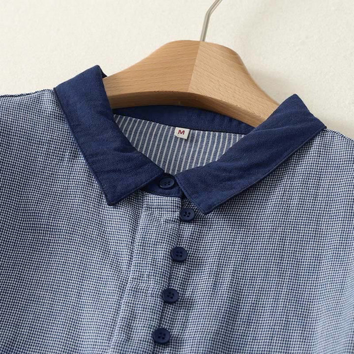 Buddha Stones Herbstblau gestreiftes Color-Blocking-Damen-Langarmshirt mit Stehkragen und Knopfleiste - image 2