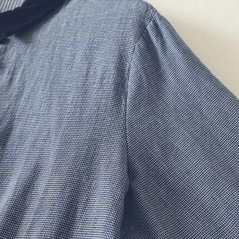 Buddha Stones Herbstblau gestreiftes Color-Blocking-Damen-Langarmshirt mit Stehkragen und Knopfleiste - image 4
