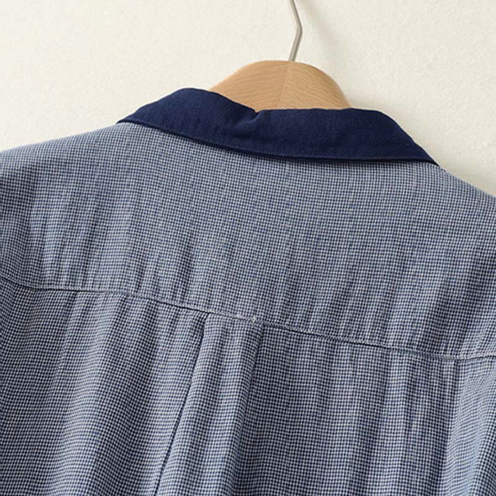 Buddha Stones Herbstblau gestreiftes Color-Blocking-Damen-Langarmshirt mit Stehkragen und Knopfleiste - image 3