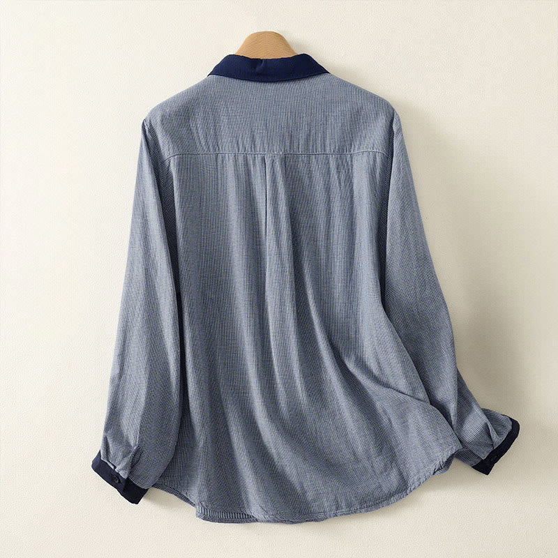 Buddha Stones Herbstblau gestreiftes Color-Blocking-Damen-Langarmshirt mit Stehkragen und Knopfleiste - image 1