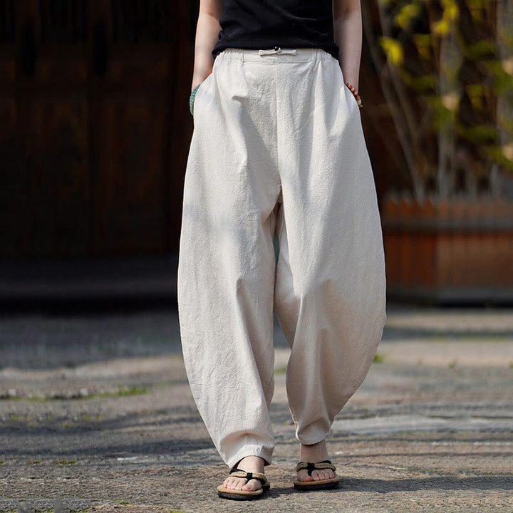 Buddha Stones Sommer Einfarbige Herrenhose aus Baumwoll-Leinen-Mischgewebe mit geradem Bein und Taschen, chinesischem Froschknopf-Design - Beige - US/ UK/AU46, EU56 (5XL) - image 0