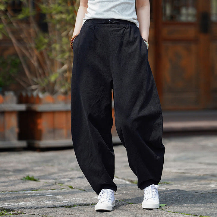 Buddha Stones Sommer Einfarbige Herrenhose aus Baumwoll-Leinen-Mischgewebe mit geradem Bein und Taschen, chinesischem Froschknopf-Design - Schwarz - US/ UK/AU46, EU56 (5XL) - image 17