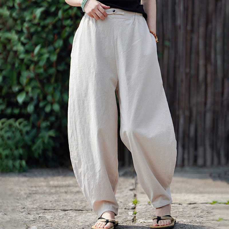 Buddha Stones Sommer Einfarbige Herrenhose aus Baumwoll-Leinen-Mischgewebe mit geradem Bein und Taschen, chinesischem Froschknopf-Design - image 7