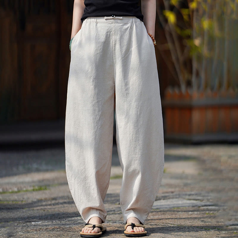 Buddha Stones Sommer Einfarbige Herrenhose aus Baumwoll-Leinen-Mischgewebe mit geradem Bein und Taschen, chinesischem Froschknopf-Design - image 1