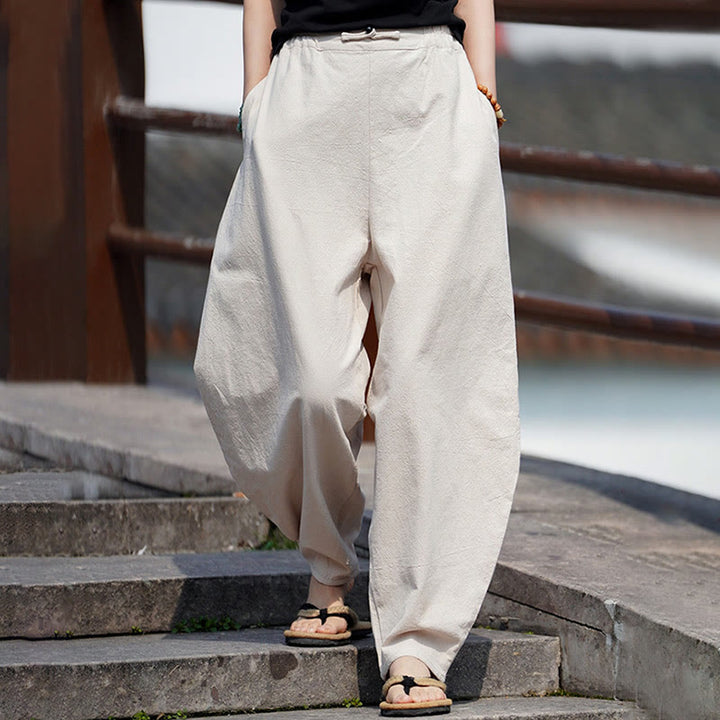 Buddha Stones Sommer Einfarbige Herrenhose aus Baumwoll-Leinen-Mischgewebe mit geradem Bein und Taschen, chinesischem Froschknopf-Design - image 2