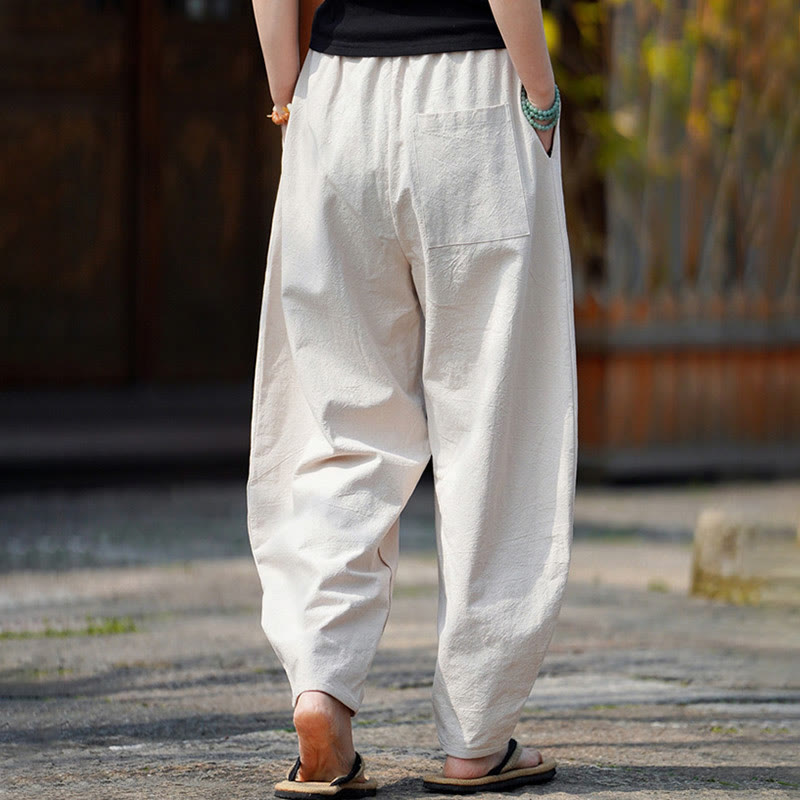 Buddha Stones Sommer Einfarbige Herrenhose aus Baumwoll-Leinen-Mischgewebe mit geradem Bein und Taschen, chinesischem Froschknopf-Design - image 4