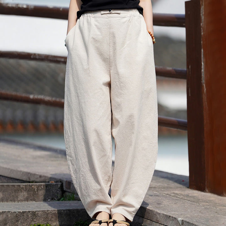 Buddha Stones Sommer Einfarbige Herrenhose aus Baumwoll-Leinen-Mischgewebe mit geradem Bein und Taschen, chinesischem Froschknopf-Design - image 8