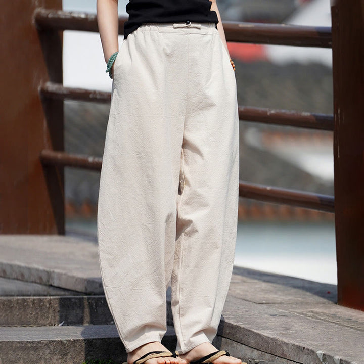 Buddha Stones Sommer Einfarbige Herrenhose aus Baumwoll-Leinen-Mischgewebe mit geradem Bein und Taschen, chinesischem Froschknopf-Design - image 5
